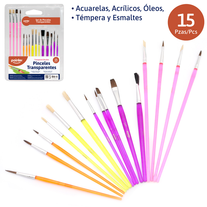 SET DE PINCELES x15PZAS (CUERPO TRANSPARENTE)