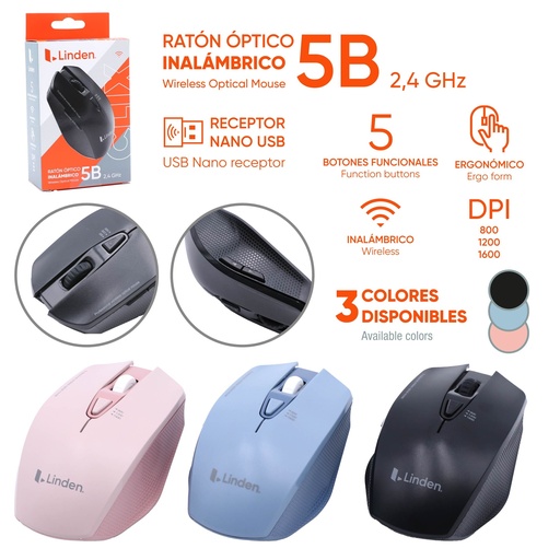 [LD-MO-01] RATON OPTICO INALAMBRICO 5B 2.4GHZ