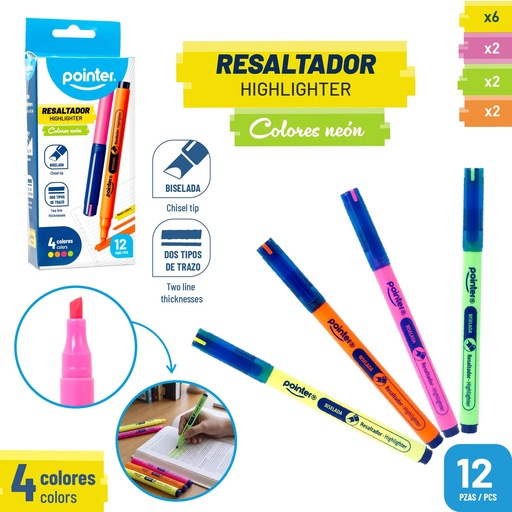 [HL-25208] RESALTADOR NEON DELGADO 4 COLORES 12PZAS