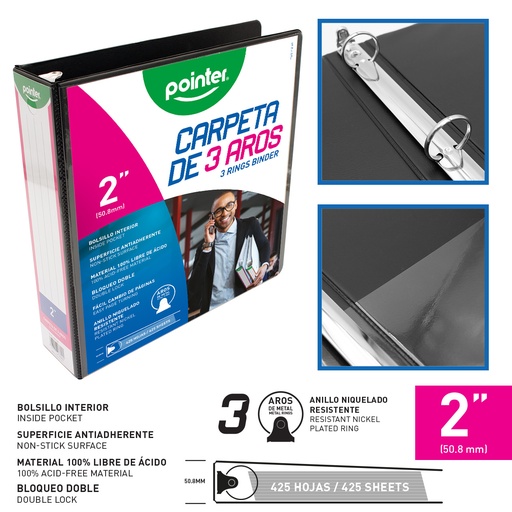 [FLJG-P-2-BK] CARPETA 3 AROS 2 PLGS NEGRO 425 HOJAS