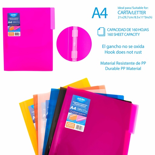 [FL-22159] CARPETA PLASTICA TRANSPARENTE CON GANCHO - CARTA/A4 21x29,7Cm