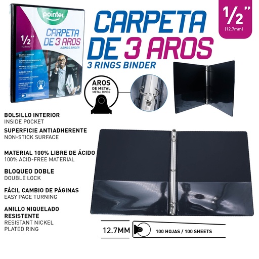[FLJG-P-1-2-BK] CARPETA 3 AROS 1/2" - NEGRA
