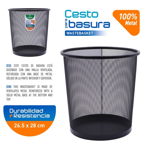 [HY-65002-BK] CESTO METALICO REDONDO PARA BASURA (NEGRO) 27x25Cm