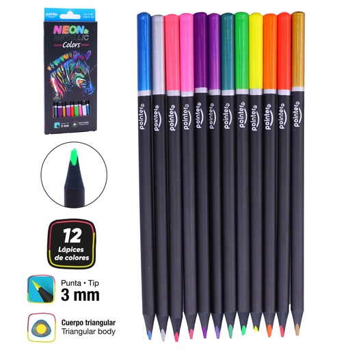 [TCP-12-MN] LAPICES DE COLORES x12PZS - 6 NEON Y 6 METALIZADOS