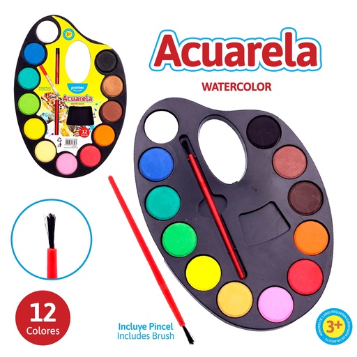 [ZC1065] PALETA DE ACUARELA MEDIANA x12 COLORES CON PINCEL