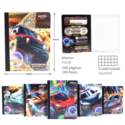 [COS-01-SQ] CUADERNO COSIDO CARROS - CUADRICULADO x100 HOJAS
