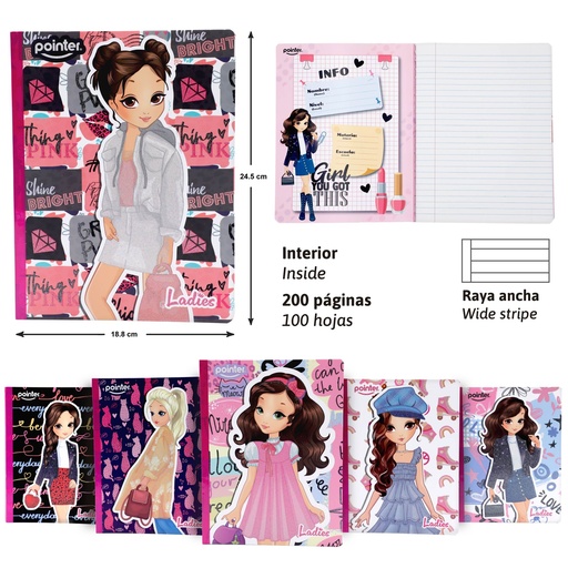[COS-06G] CUADERNO COSIDO LADIES (GLITTER) - RAYA ANCHA x100 HOJAS
