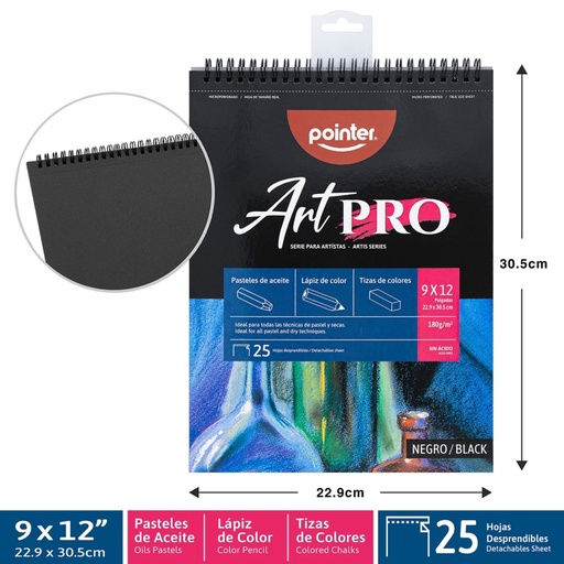 [DBPA-180-912] BLOCK ART PRO NEGRO 9x12" - PASTELES DE ACEITE, LAPIZ Y TIZAS DE COLORES 