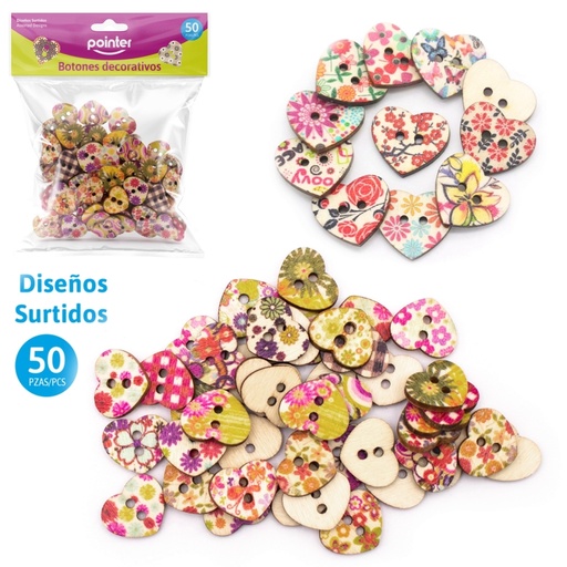 [ANC-2202] BOTONES DECORATIVOS DE MADERA ESTAMPADOS (CORAZONES) - x50PZAS 