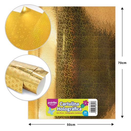 [HCT-CO57-G] CARTULINA HOLOGRAFICA DORADA - CORAZONES (50x70CM)
