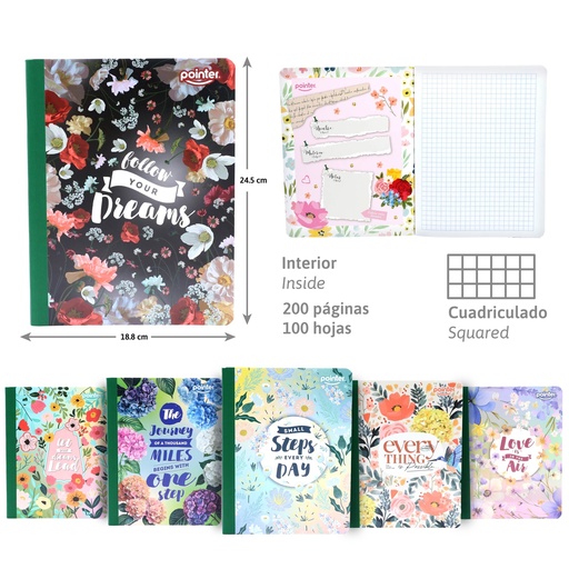 [COS-21-SQ] CUADERNO COSIDO CUADRITOS 200 PAGINAS (LETTERING FEMENINO)