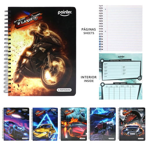 [ESP-12-5M] CUADERNO ESPIRAL 5 MATERIAS 330 PAGINAS (CARROS)