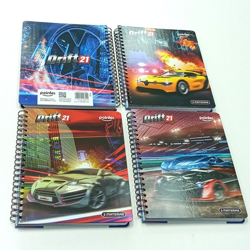 [YL-3-CR3] CUADERNO POINTER DE ESPIRAL 3 MATERIAS (CARROS) X1