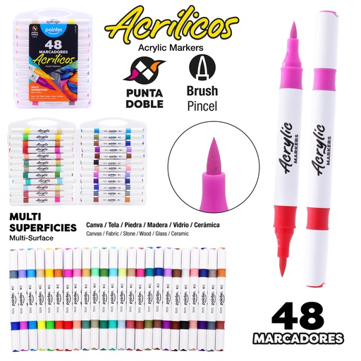 [AMK-23193-24] MARCADORES ACRILICOS DOBLE PUNTA x24 PZAS/x48 COLORES