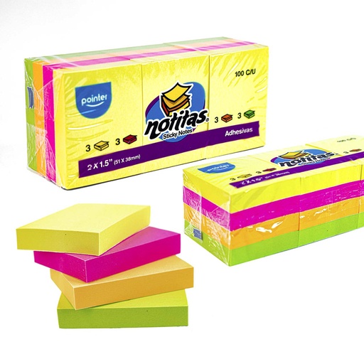 [NT-15212100] NOTAS ADHESIVAS NEON - 1.5x2" x12 BLOQUES