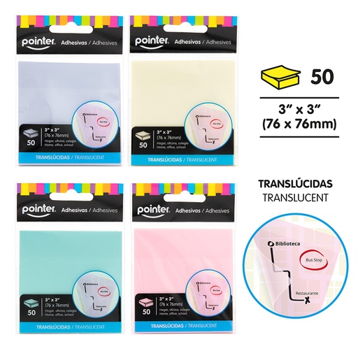 [STN-08-50] NOTAS ADHESIVAS TRANSLUCIDAS PASTEL - 76 x 76MM x50 HOJAS
