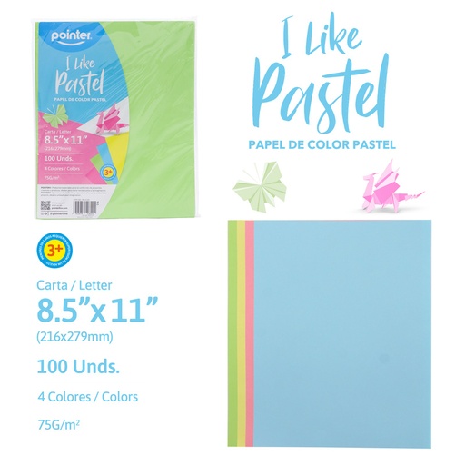 [PB-4-100] PAPEL DE COLORES PASTEL x 100 HOJAS