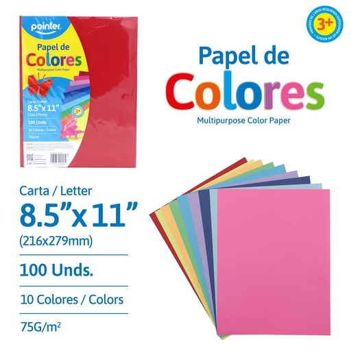 [PB-10-100] PAPEL DE COLORES SURTIDOS x100UND - CARTA (21.6 x 27.9CM)
