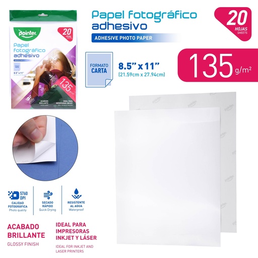 [APP-1201-135] PAPEL FOTOGRAFICO ADHESIVO 135G x20 HOJAS - CARTA (21.6 x 27.9CM)