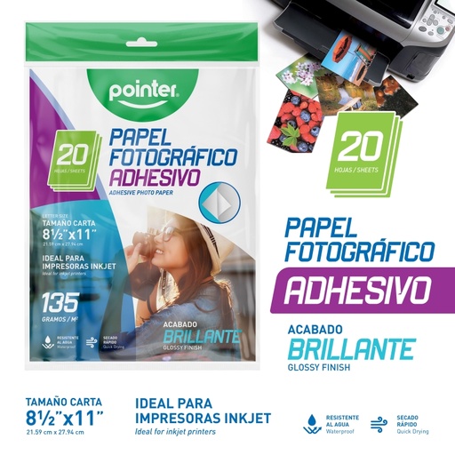 [APP-1201-135] PAPEL FOTOGRAFICO ADHESIVO 135G x20 HOJAS - CARTA (21.6 x 27.9CM)