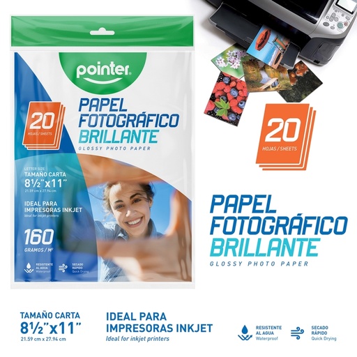 [PP-1201-160] PAPEL FOTOGRAFICO BRILLANTE 160G - CARTA (21.6 x 27.9CM)