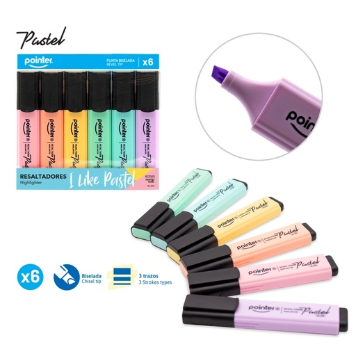 [HL-210] RESALTADORES PASTEL PUNTA BISELADA x6PZAS.
