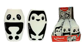 [034014] SACAPUNTA CON DEPÓSITO SHAKKY 1 ORIFICIO PANDA Y PINGÜINO