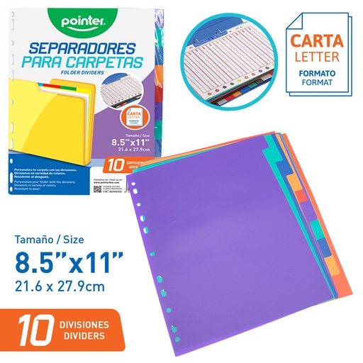 [A10] SEPARADORES PLASTICOS PARA CARPETA - CARTA 21,6x27,9 (10 DIVISIONES)