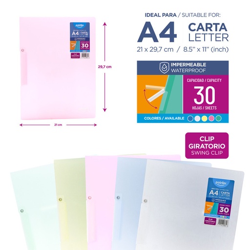 [FL2-2417] CARPETA PLASTICA DE COLOR CON CLIP GIRATORIO - A4/CARTA 21x29,7Cm