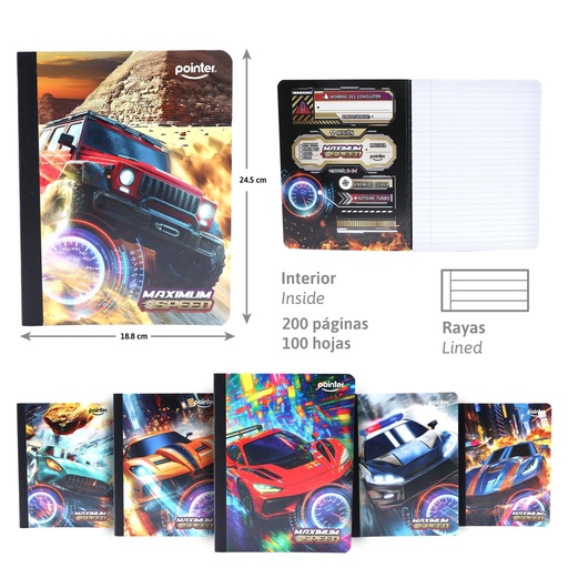 [COS-01] CUADERNO COSIDO RAYA ANCHA 200 PAGINAS (AUTOS)
