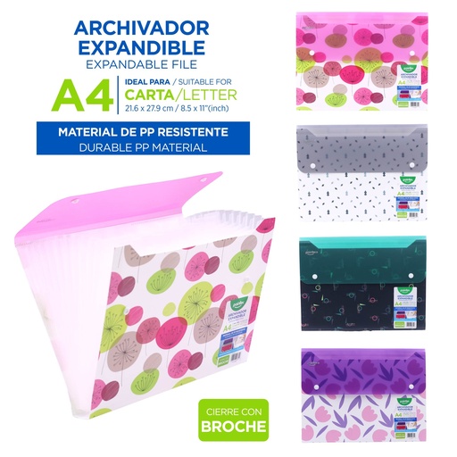 [FL1-47] ARCHIVADOR EXPANDIBLE A4 13 BOLSILLOS - CIERRE CON BROCHE 