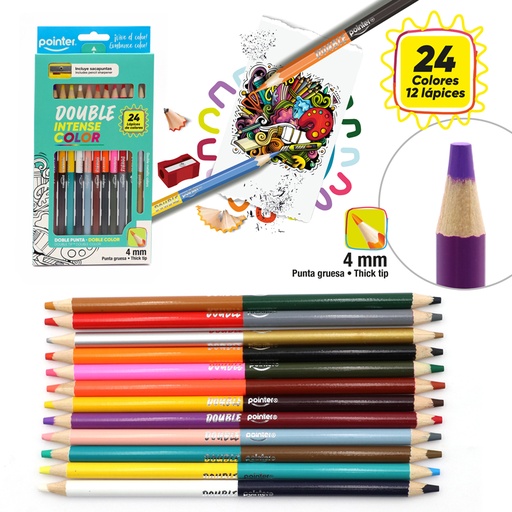 [RCPS-12BI] LAPICES DE COLORES +INTENSE DOBLE PUNTA 4mm x12PZS - CON SACAPUNTAS
