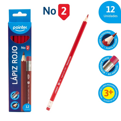 [CP-3109R] LAPIZ DE GRAFITO ROJO HB No.2 - CUERPO HEXAGONAL UNIDAD