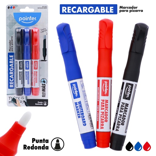 [WM-400-AS-3B] MARCADOR PARA TABLERO RECARGABLE TINTA LIQUIDA 3 PIEZAS (NEGRO, AZUL Y ROJO)