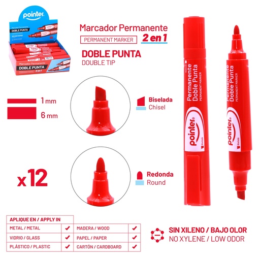 [PM-1807-RD] MARCADOR PERMANENTE DOBLE PUNTA (ROJO)