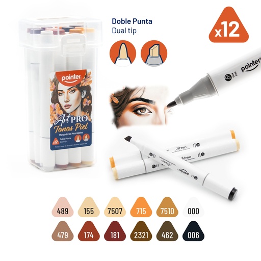 [AHC-12-RO] SET DE MARCADORES MEZCLABLES ART PRO DOBLE PUNTA x12 TONOS PIEL