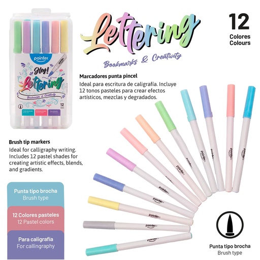 [WC-2212-P] SET DE MARCADORES LETTERING PUNTA PINCEL x12 COLORES PASTEL