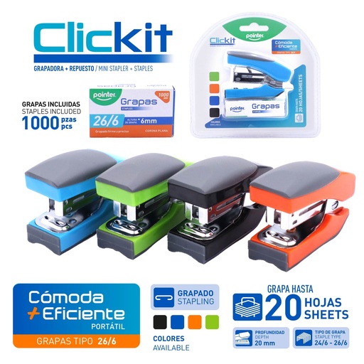 [ST-631D] SET MINI GRAPADORA CON CAJA DE GRAPAS LISAS 26/6
