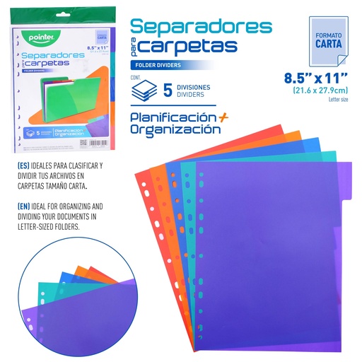 [A05] SEPARADORES PLASTICOS PARA CARPETA - CARTA 21,6x27x9Cm (5 DIVISIONES)