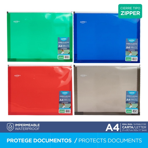 [FL1-18] SOBRE PLASTICO TRANSPARENTE CON CIERRE TIPO ZIPPER - CARTA/A4 21x29,7Cm